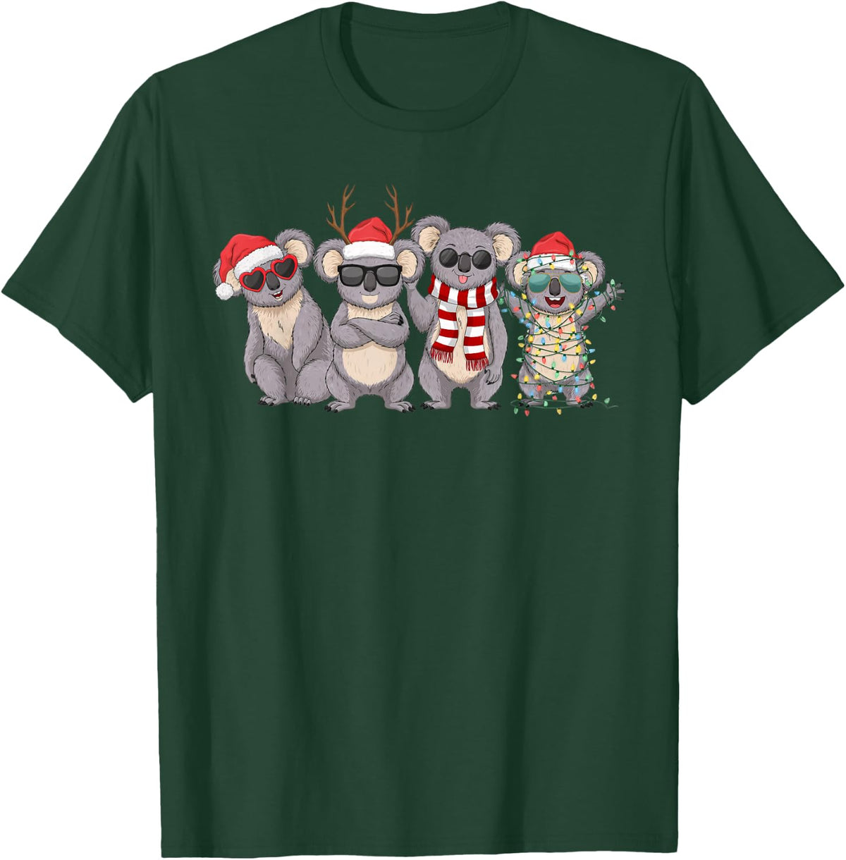 Retro Koala Funny Santa Hat Christmas Lights Holiday Xmas T-Shirt - Dark Green