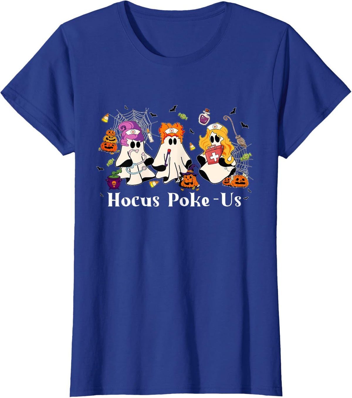 Retro Funny Hocus Poke-us Spooky Nurse Halloween Cute Ghost T-Shirt - Royal Blue