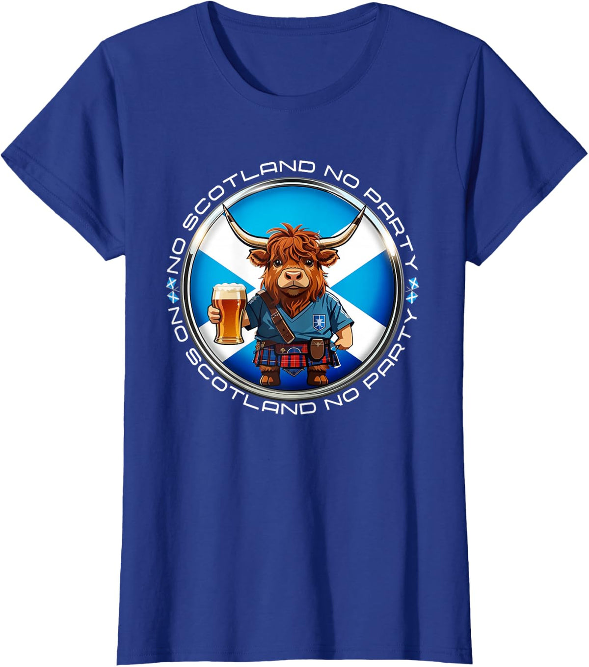 No Scotland No Party Scottish Pride Scotland Highland Cow T-Shirt - Royal Blue