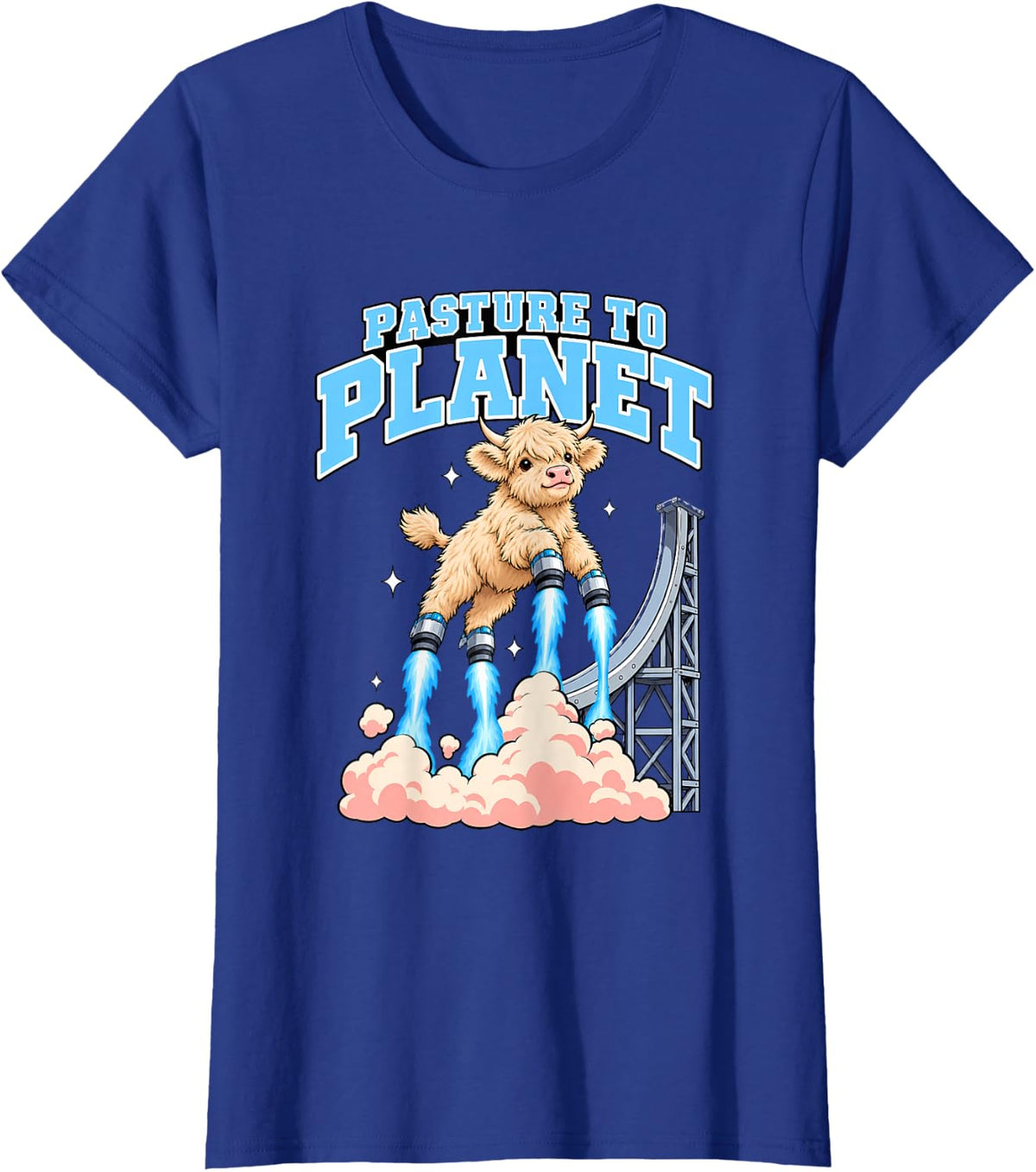 Pasture to Planet Highland Cow Lover Flying Humor T-Shirt - Royal Blue