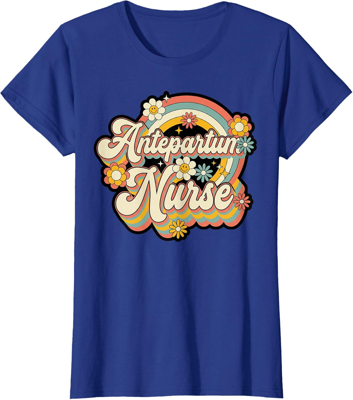 Obstetrics OBGYN Gynecology Flower Groovy Antepartum Nurse T-Shirt - Royal Blue