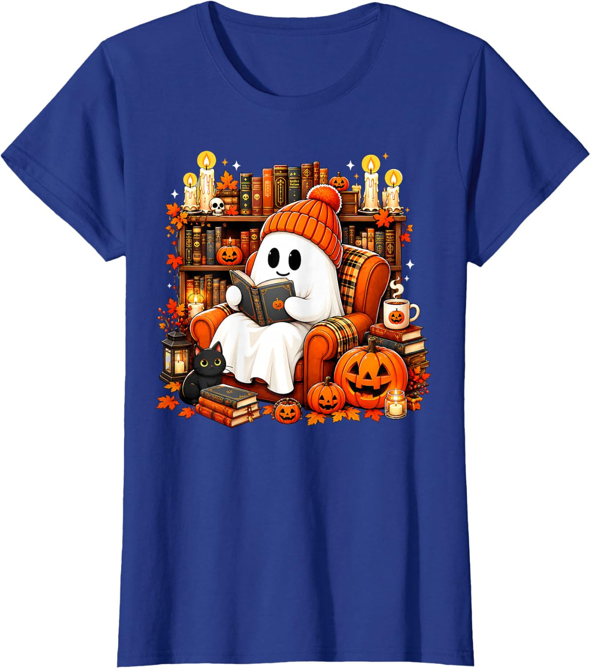 Cute Ghost Reading Book Lovers Autumn Fall Halloween Ghost T-Shirt - Royal Blue