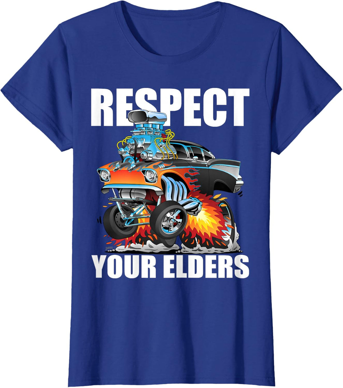 Funny Respect Your Elders Classic Hotrod Muscle Car Cartoon T-Shirt - Royal Blue