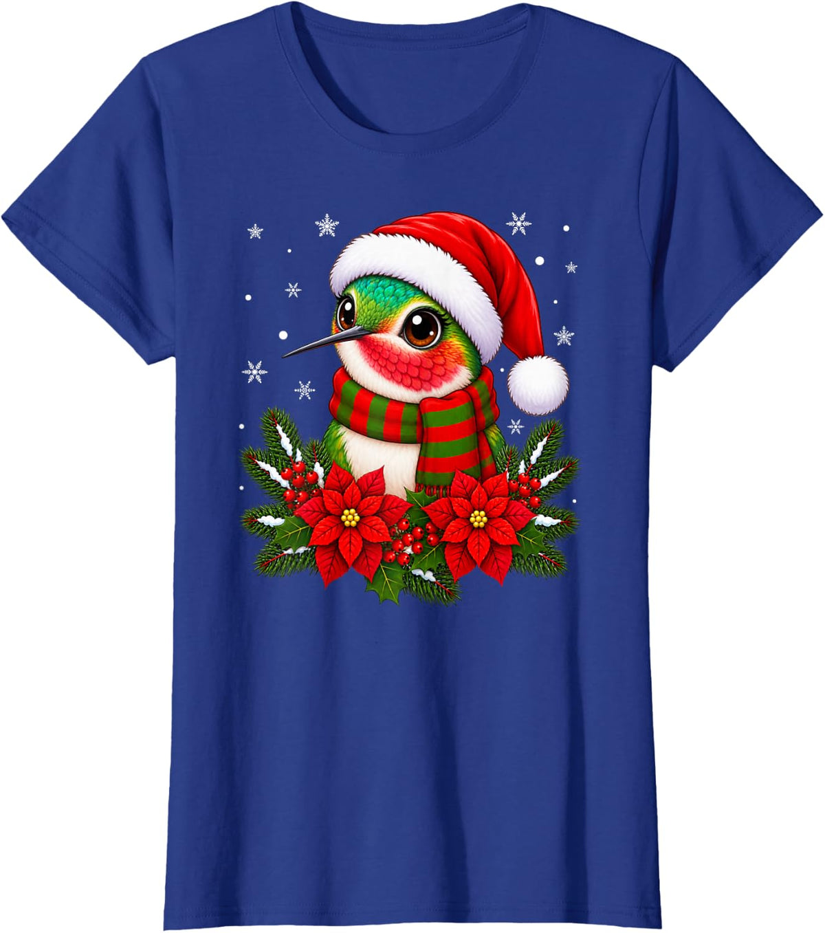 Cute Festive Flowers Santa Hat Hummingbird Christmas T-Shirt - Royal Blue