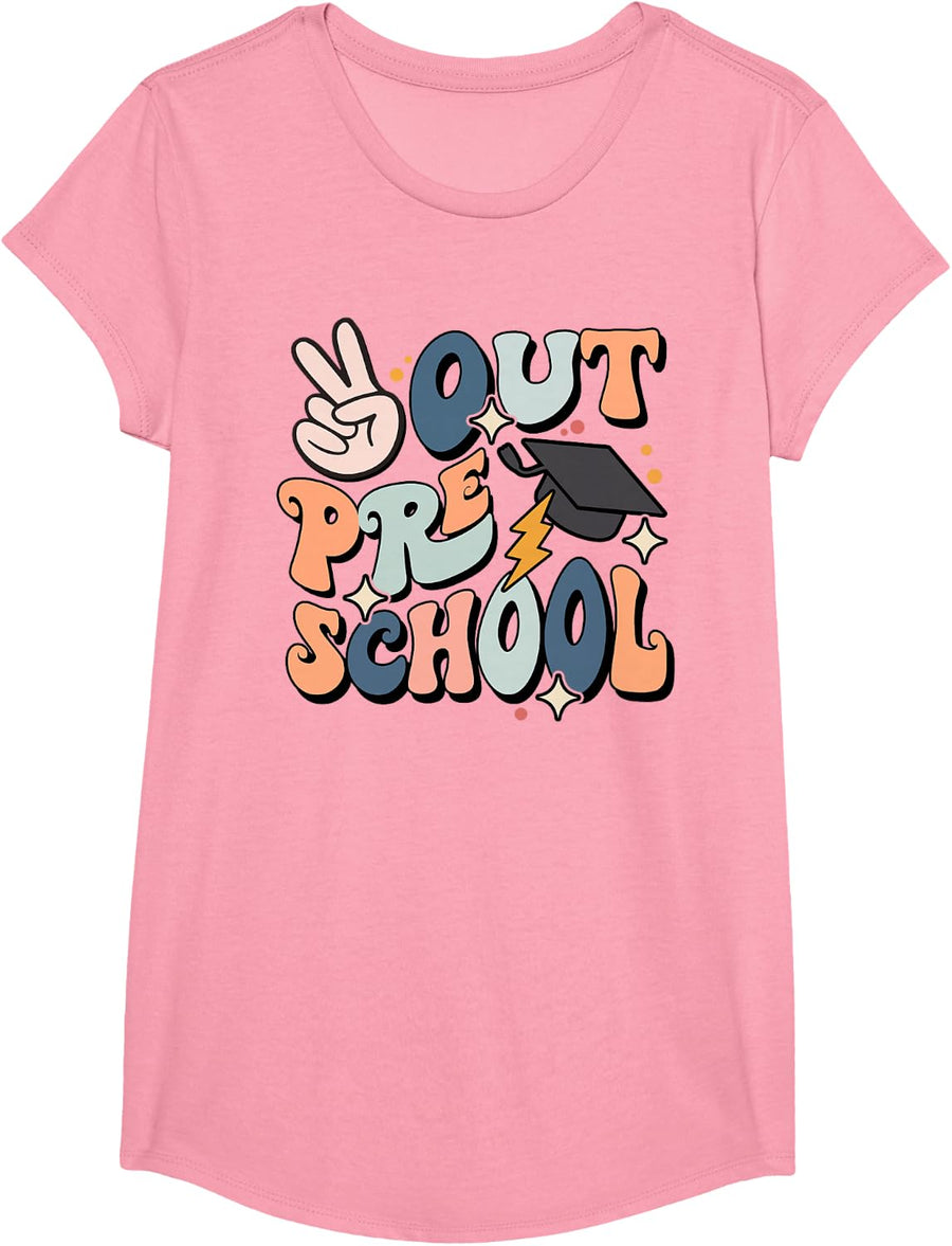 Last Day Of Preschool Smile Face Peace Out Preschool Kids T-Shirt - Girls Pink