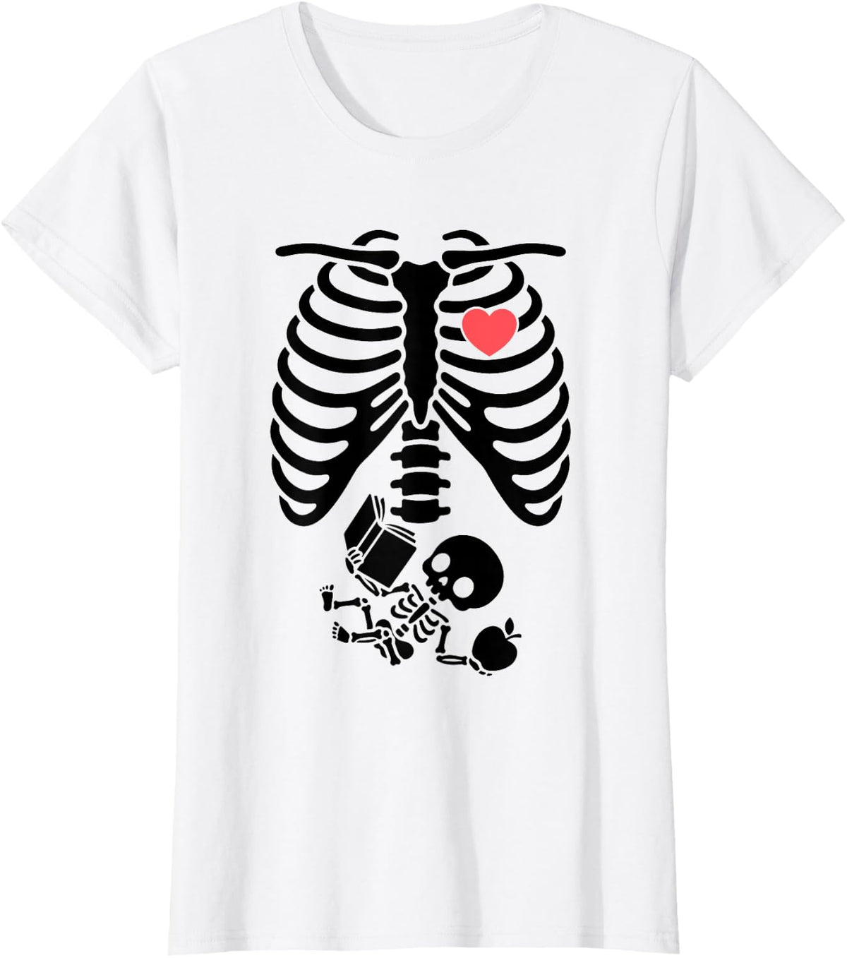 Teacher Skeleton Ribcage Apple Book Baby Bump Halloween Art T-Shirt - White