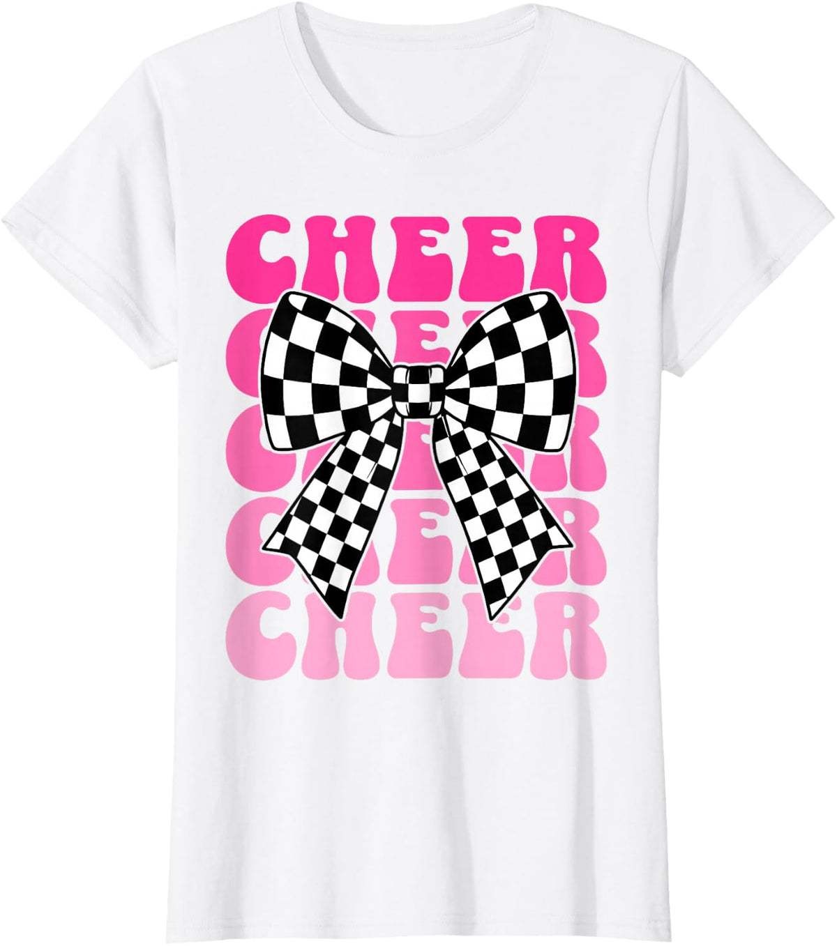 Coquette Cheer Bow Sport Groovy Pink Checkered Cheerleader T-Shirt - White