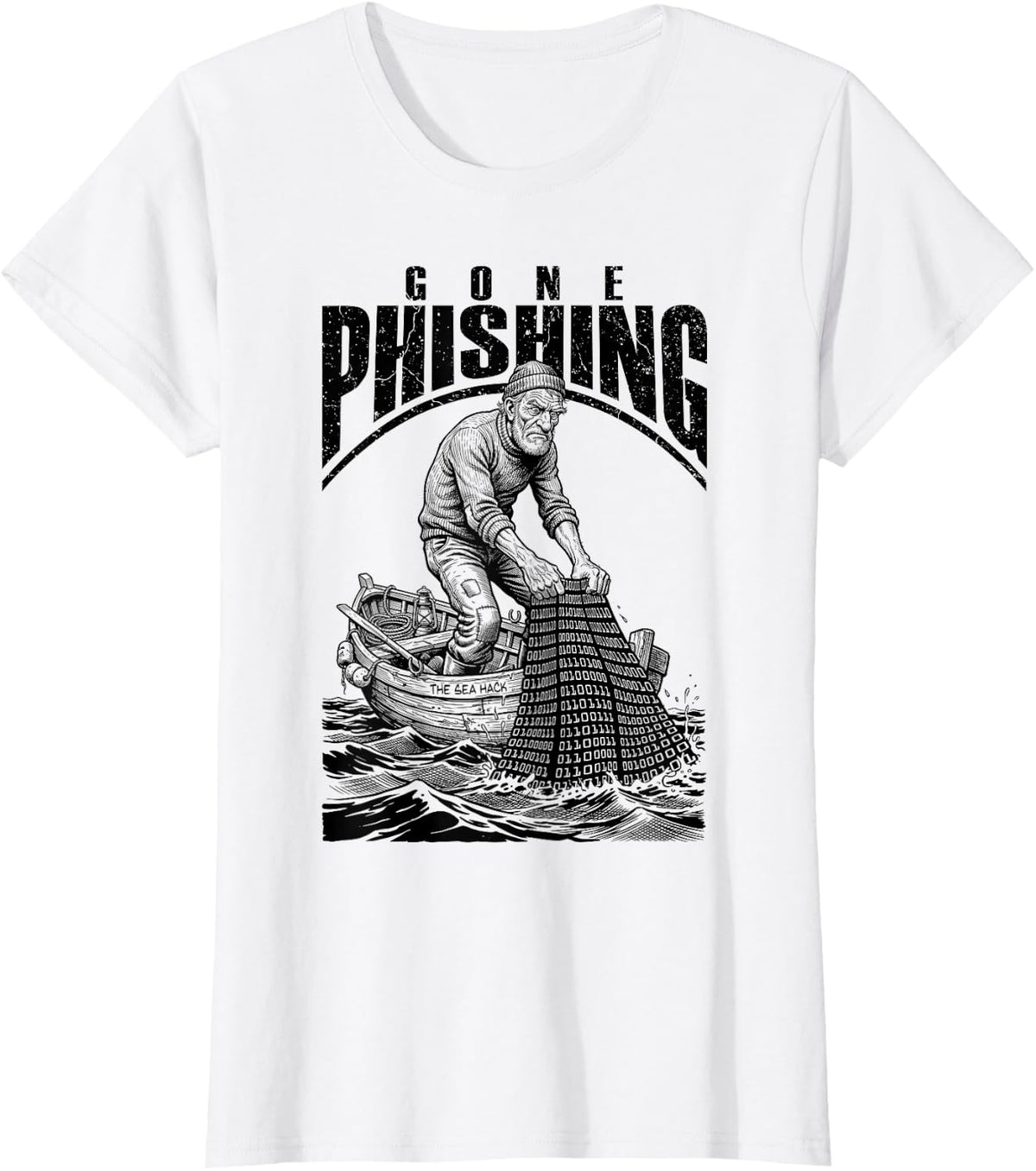 Computer Hacker Gone Phishing Funny Binary Code Net Fishing T-Shirt - White