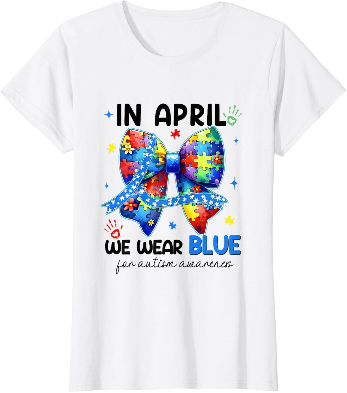 In April We Wearing Blue For Autism Awareness Coquette Bow T-Shirt - White