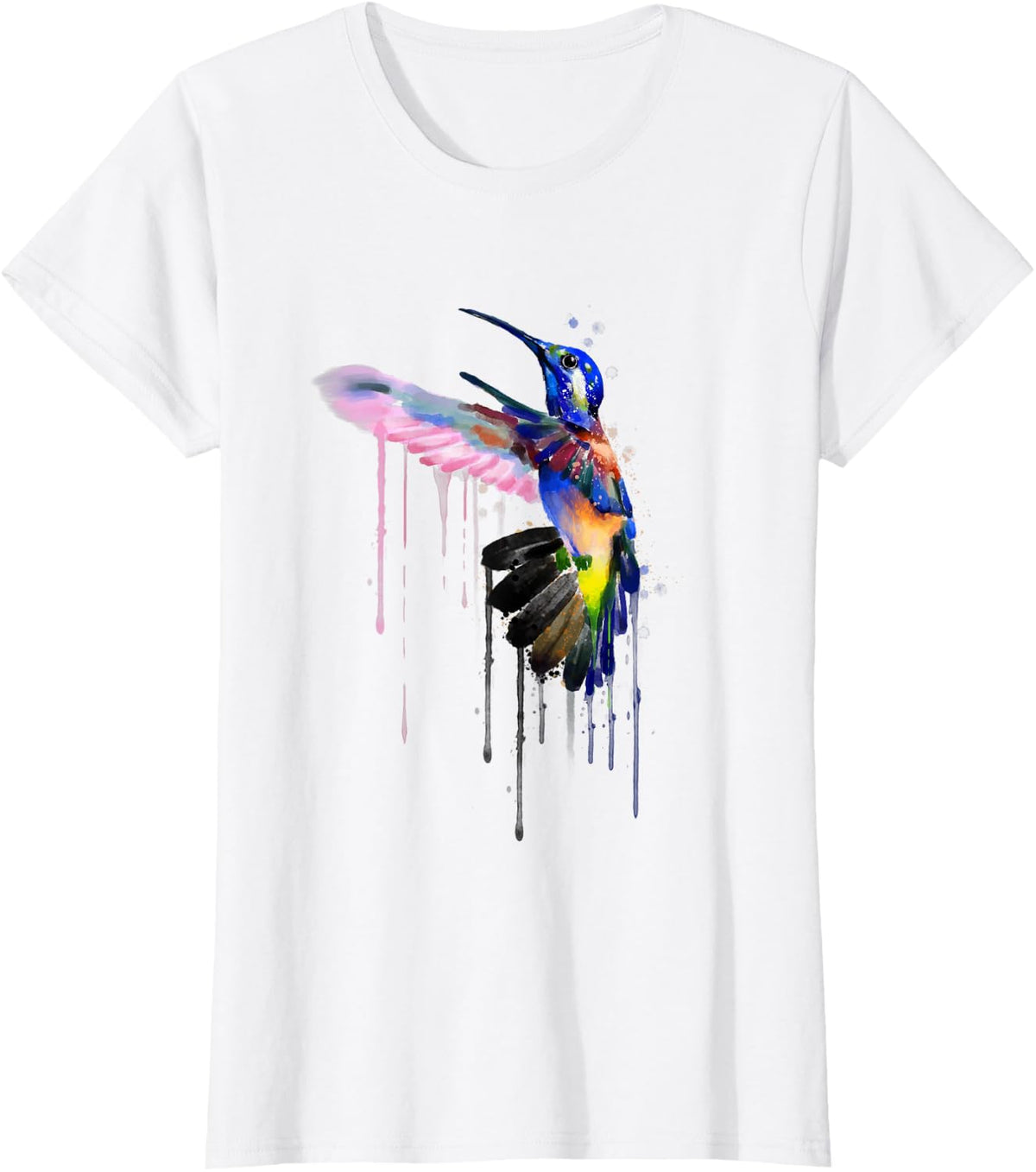 Hummingbird Fly On Hand Drawn Water Colour Splash Art Bird T-Shirt - White