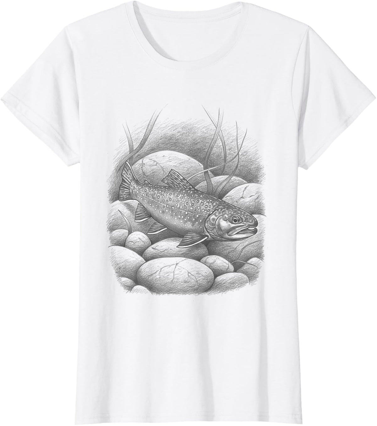 Vintage Brook Trout Fish Hand Drawn Art Design Tee T-Shirt - White