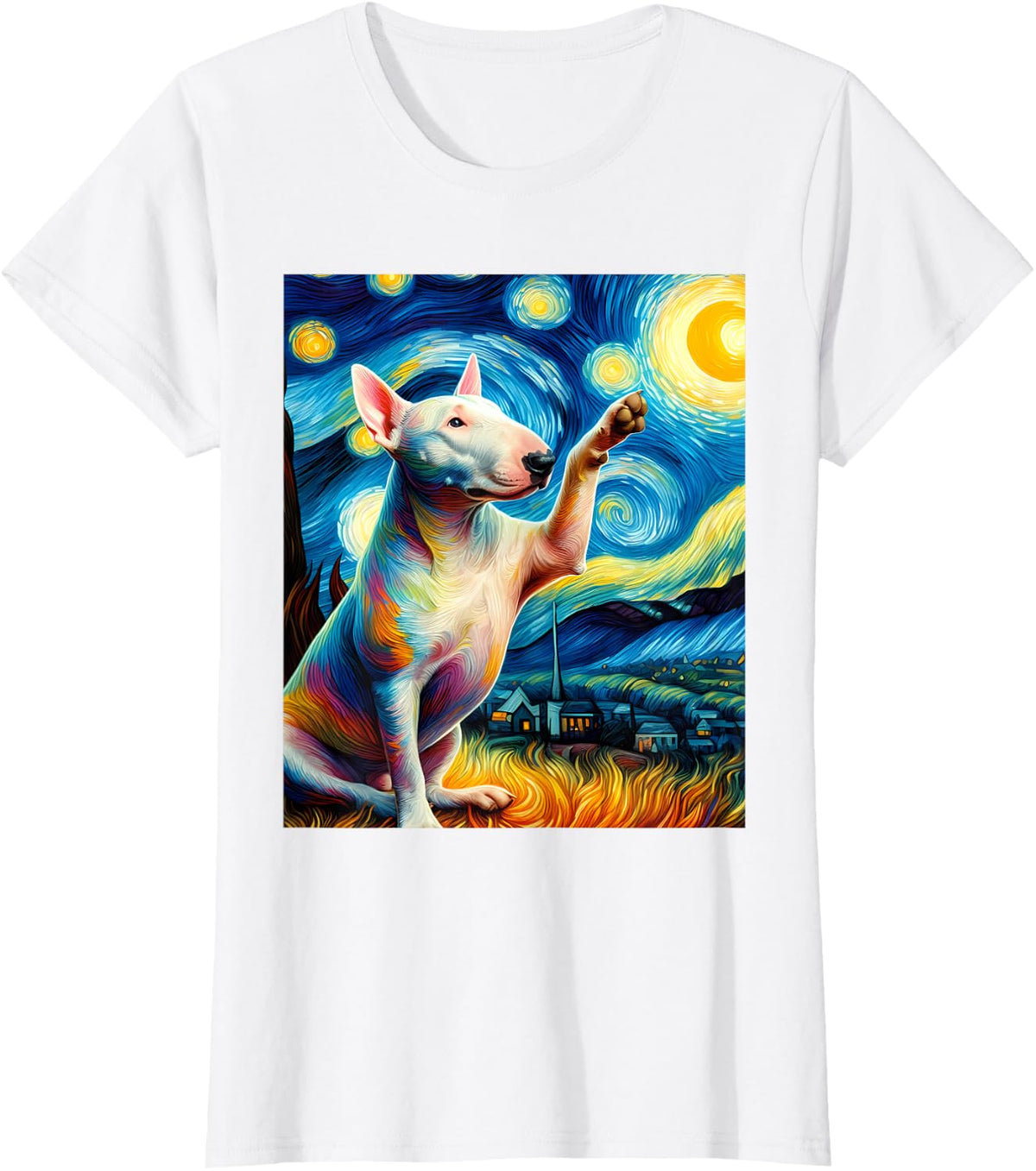 American Bull Terrier Dog Starry Night Painting T-Shirt - White
