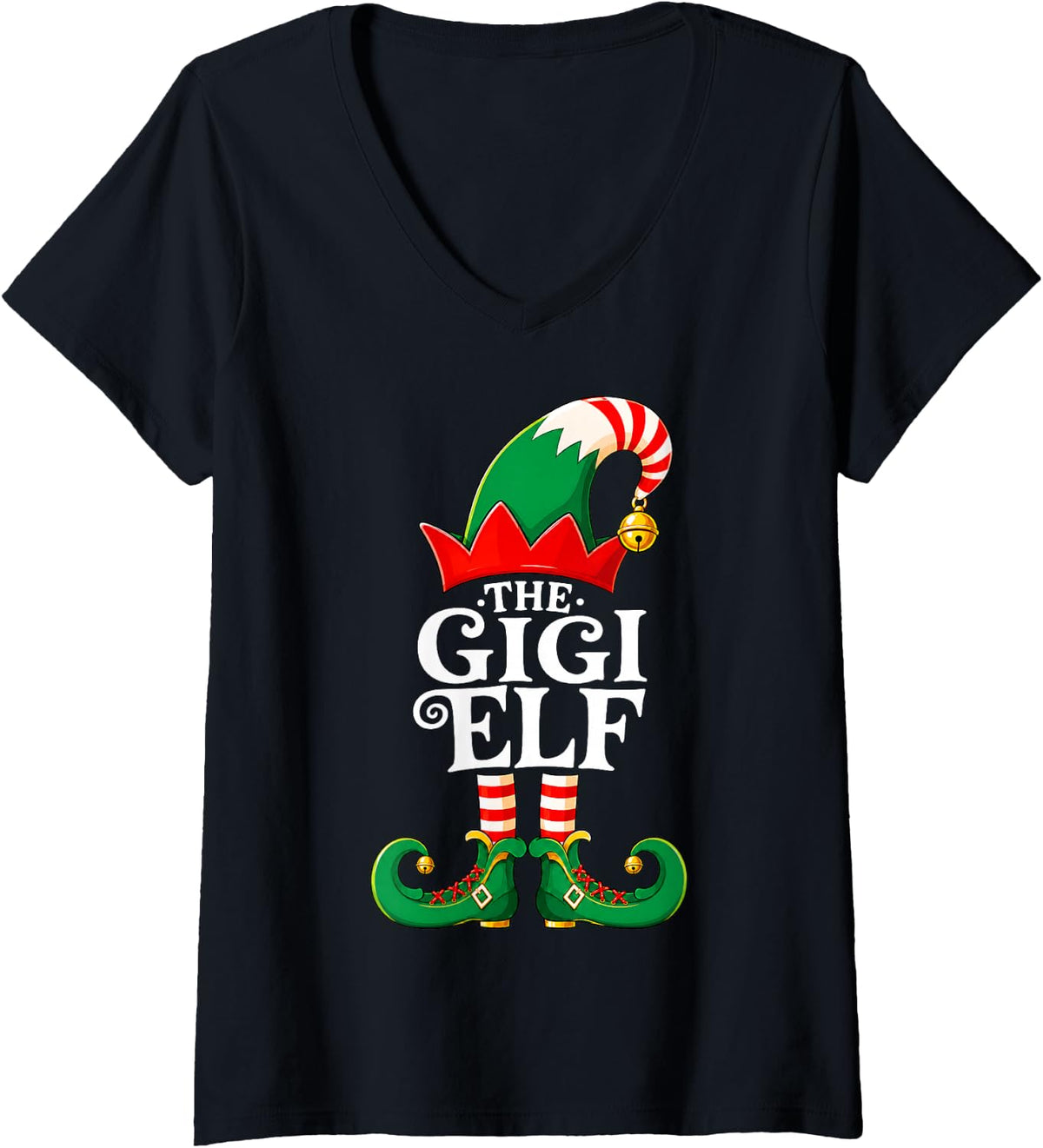 Women's Gigi Elf Christmas Matching Family Elf Squad Xmas Pajama V-Neck T-Shirt - Black