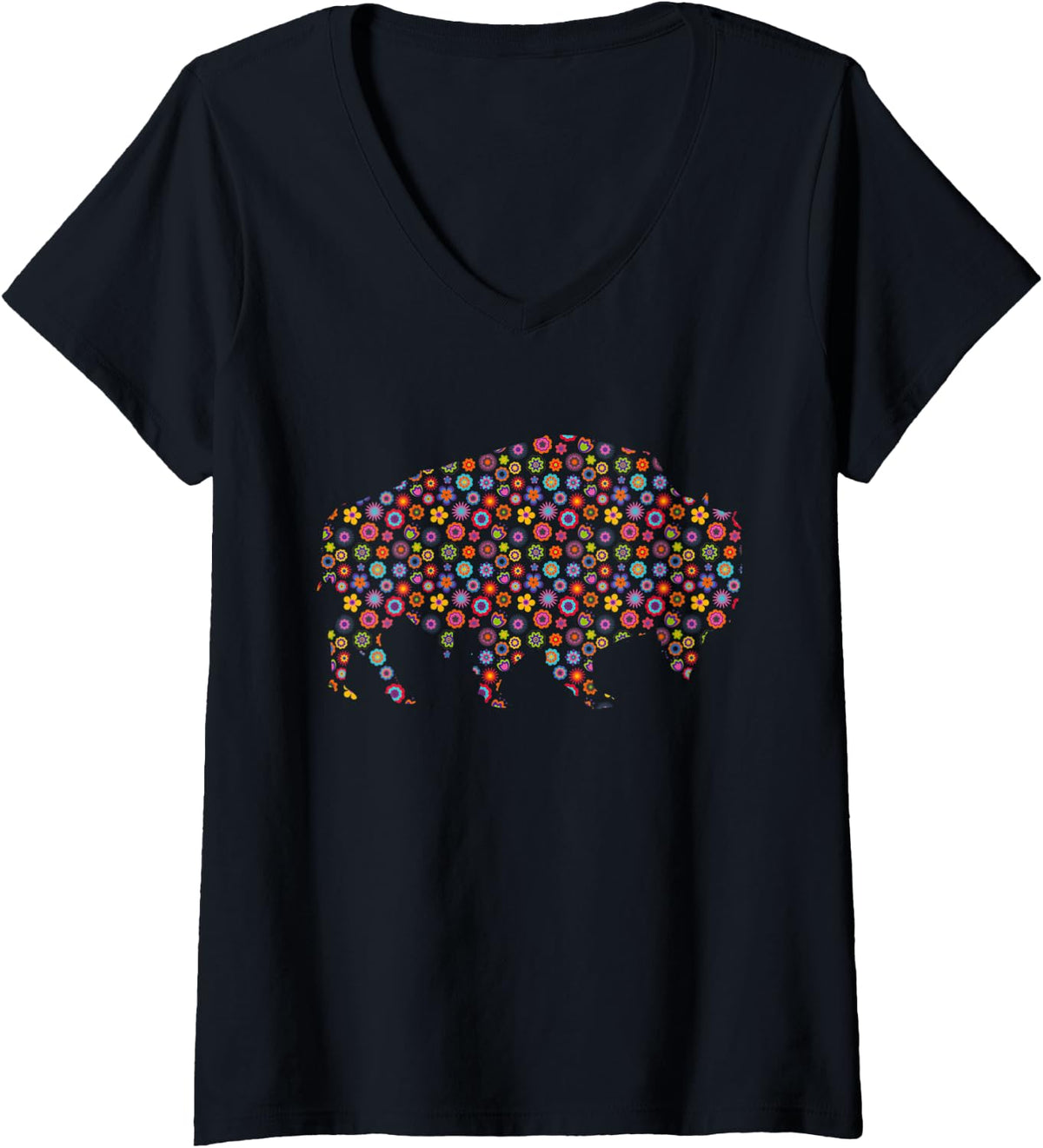 Womens Floral Bison Shirt Flower Pattern American Buffalo Graphic V-Neck T-Shirt - Black
