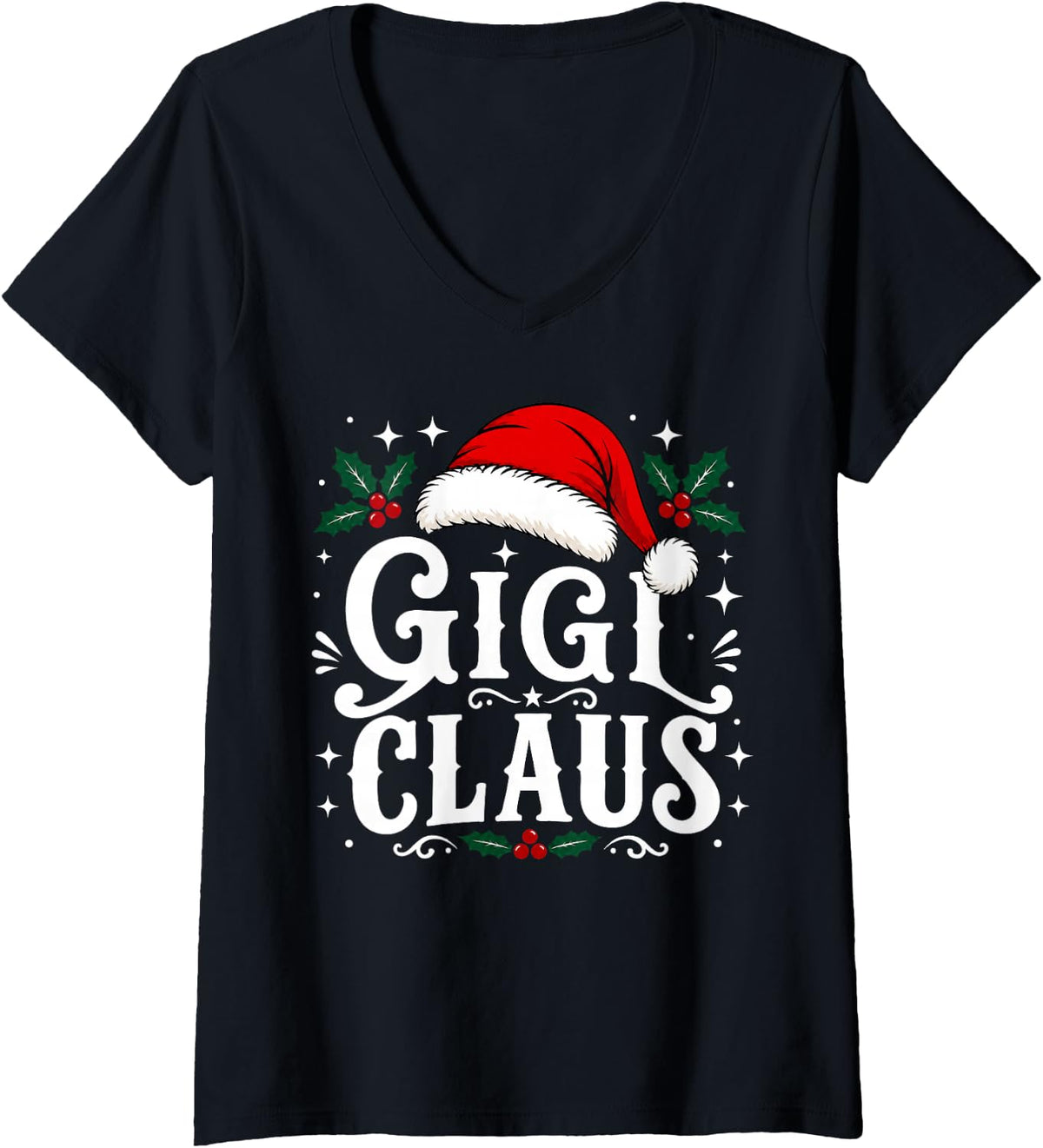 Women's Festive Gigi Claus Christmas Grandma Women Xmas V-Neck T-Shirt - Black