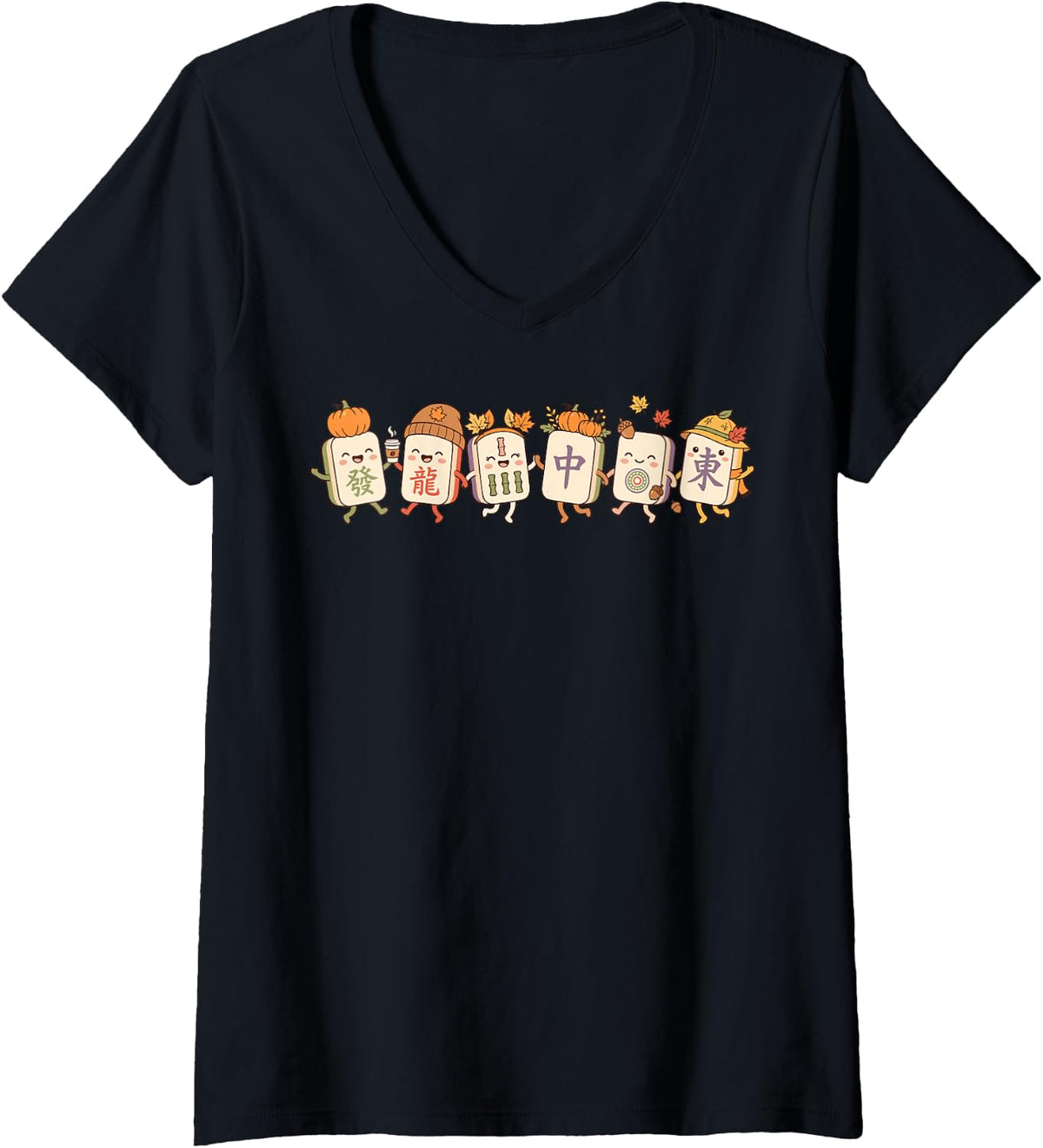 Women's Cute Mahjong Fall Season Design Kawaii Tile Game V-Neck T-Shirt - Black