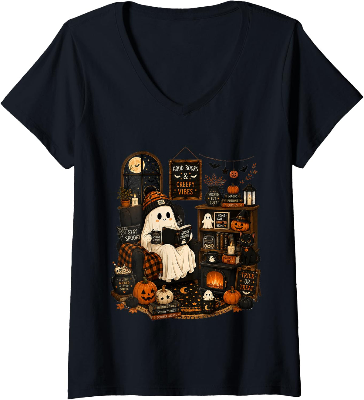 Women's Bookish Ghost Reading Ghost Stories Coffee Lover Cozy Home V-Neck T-Shirt - Black