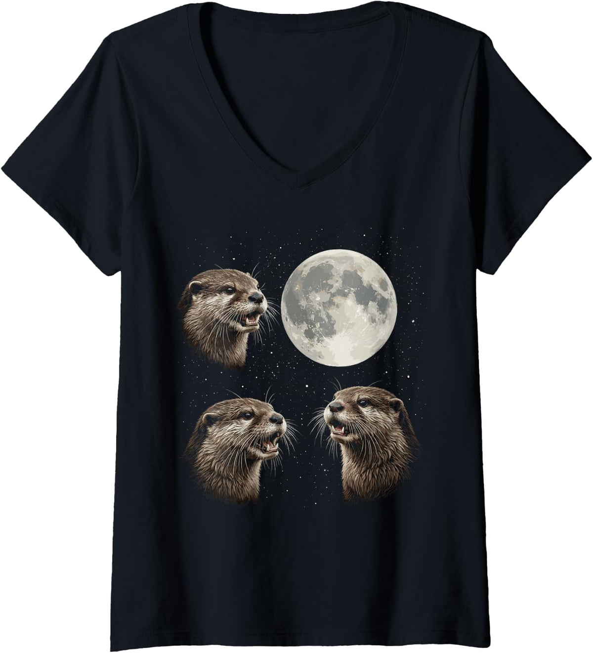 Women's Otter Full Moon Howling Otters Wildlife Animal Nature Lover V-Neck T-Shirt - Black