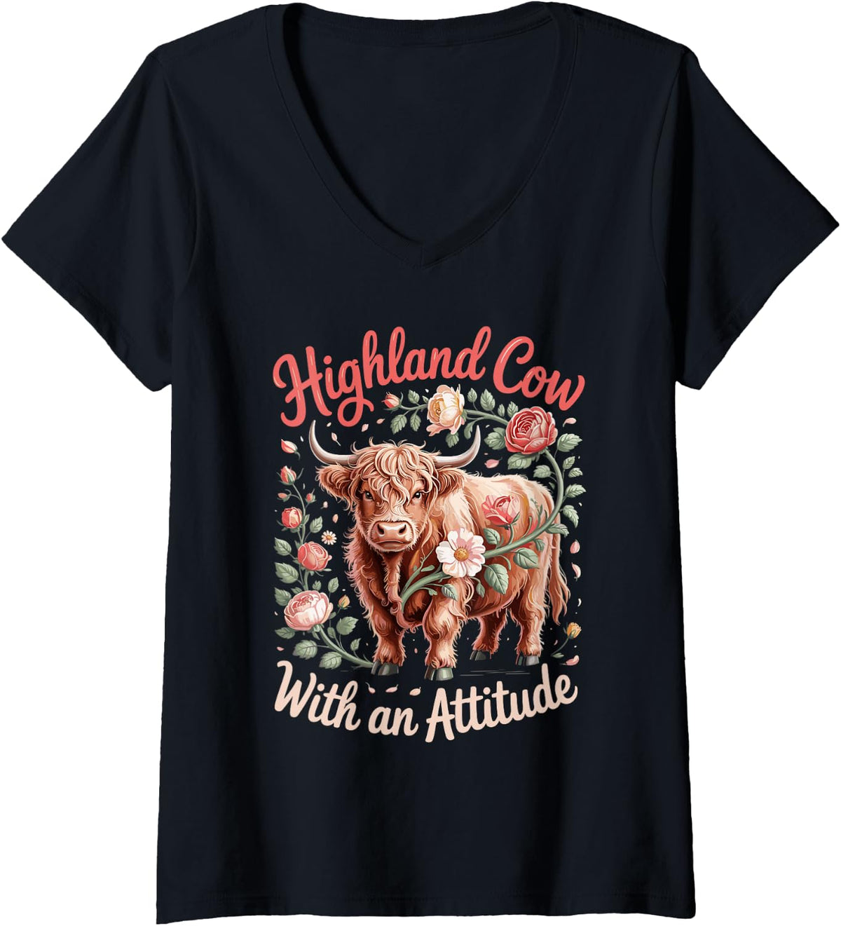 Women's Highland Cow with an Attitude V-Neck T-Shirt - Black
