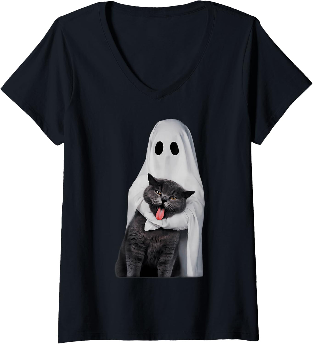 Women's Spooky Sheet Ghost Hugging Funny Cat Meme Halloween Lover V-Neck T-Shirt - Black