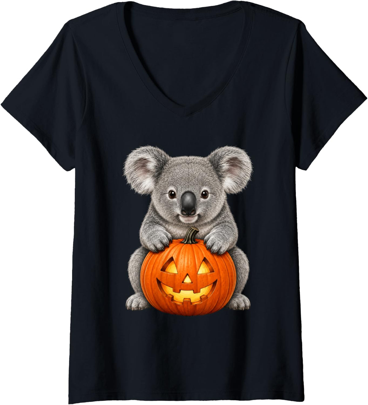 Women's Koala Bear Funny Jack O Lantern Pumpkin Halloween V-Neck T-Shirt - Black