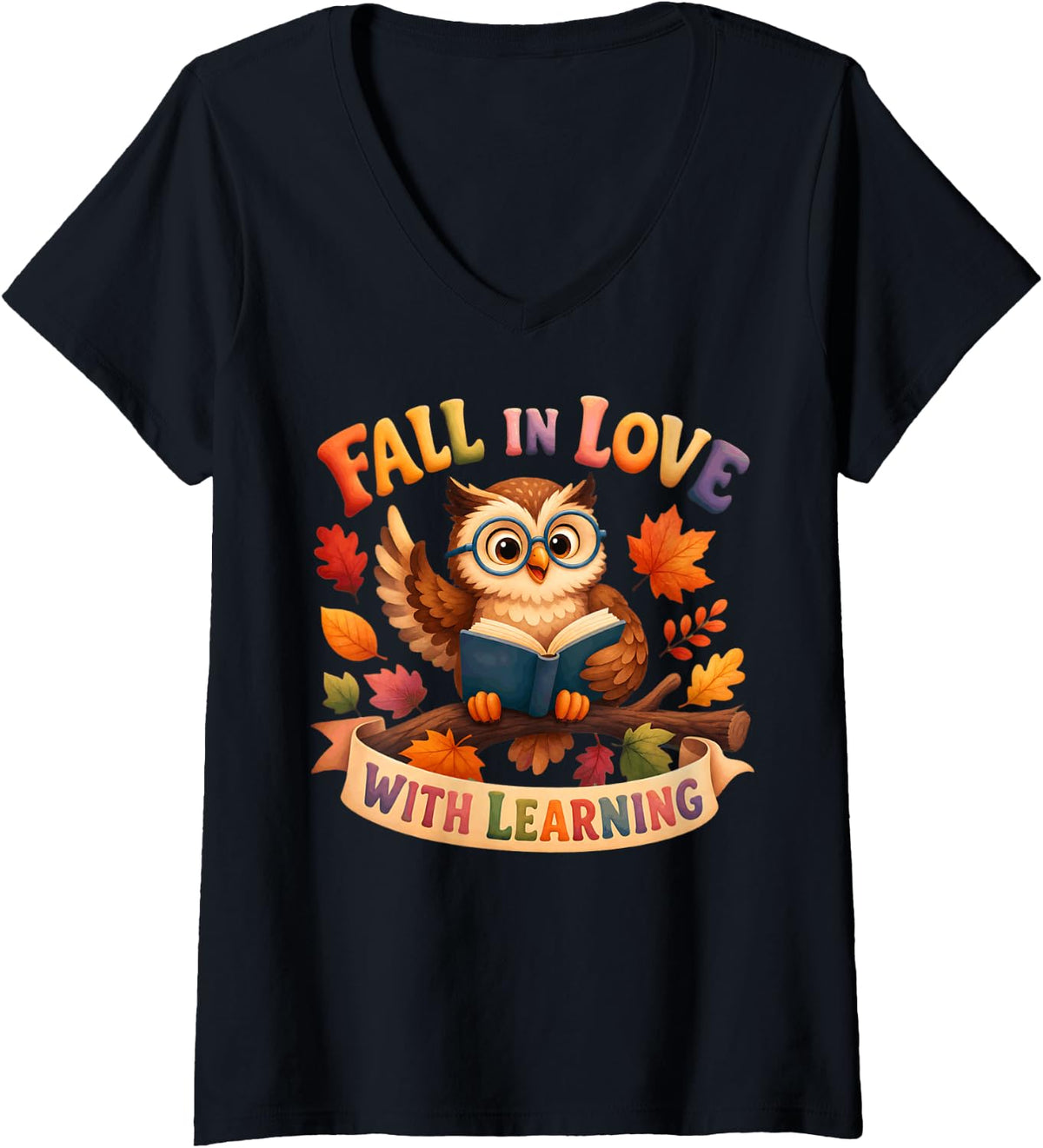 Women's Fall in Love with Learning Owl Funny Thanksgiving Teacher V-Neck T-Shirt - Black