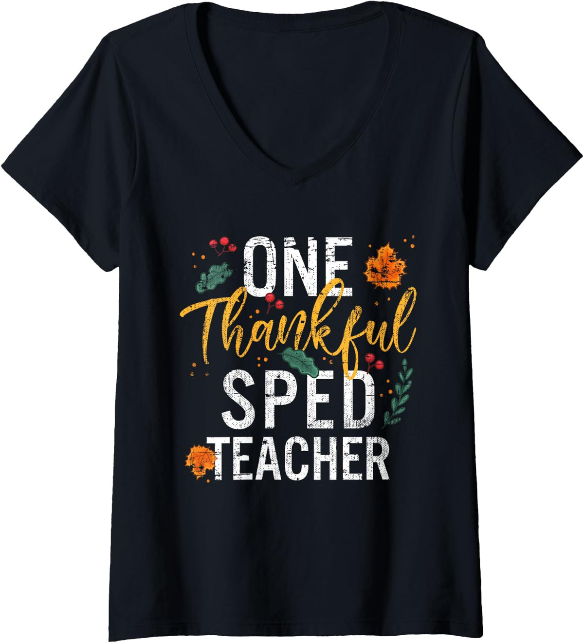 Women's One Thankful SPED Teacher Thanksgiving Vintage V-Neck T-Shirt - Black