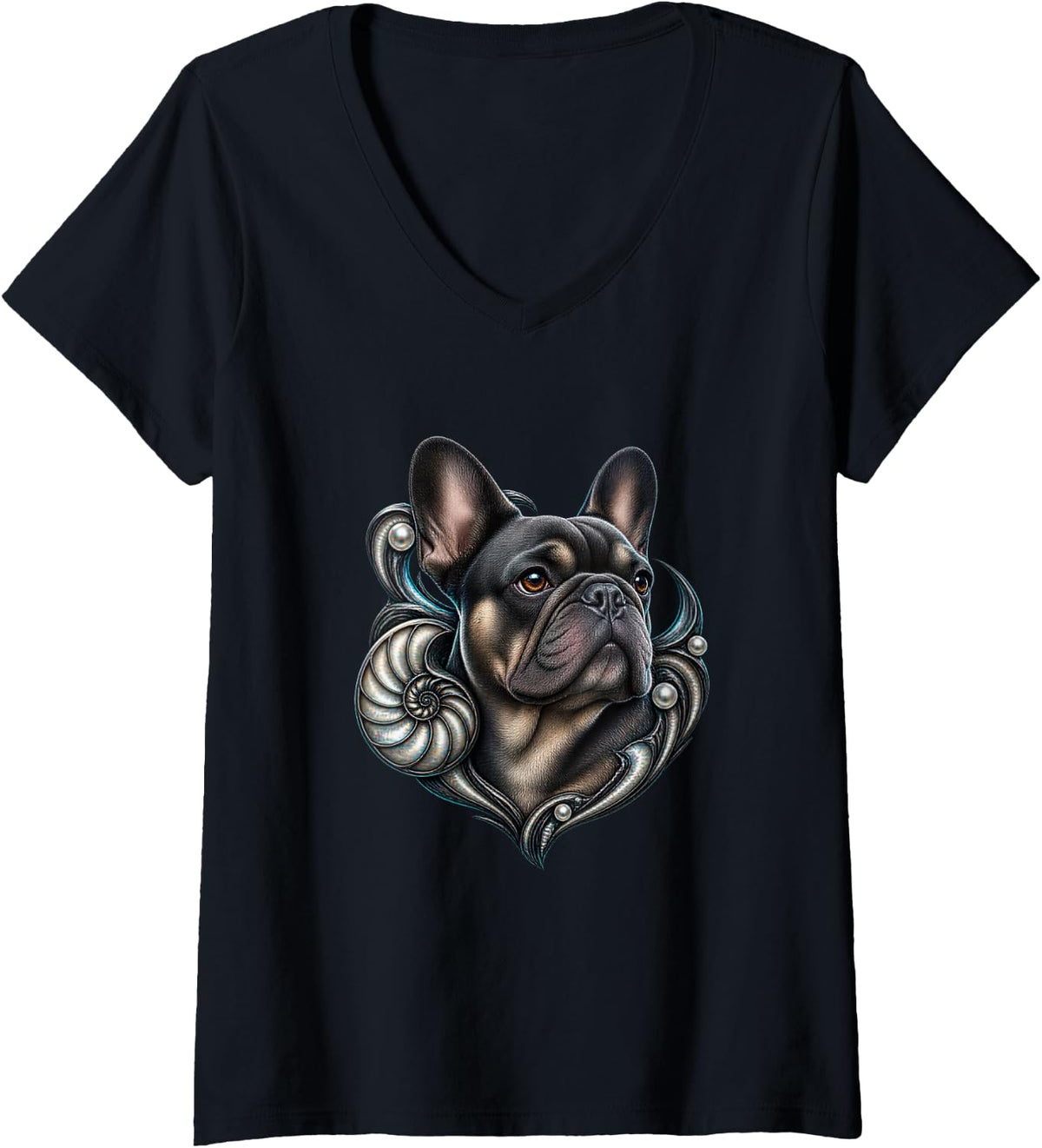 Women's French Bulldog with Pearl Spiral Geometry V-Neck T-Shirt - Black