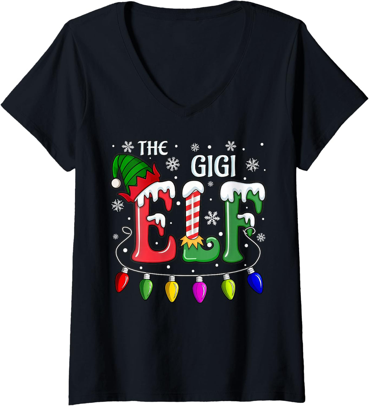 Women's Family Matching Group Christmas Gigi Elf Women Girls Xmas V-Neck T-Shirt - Black