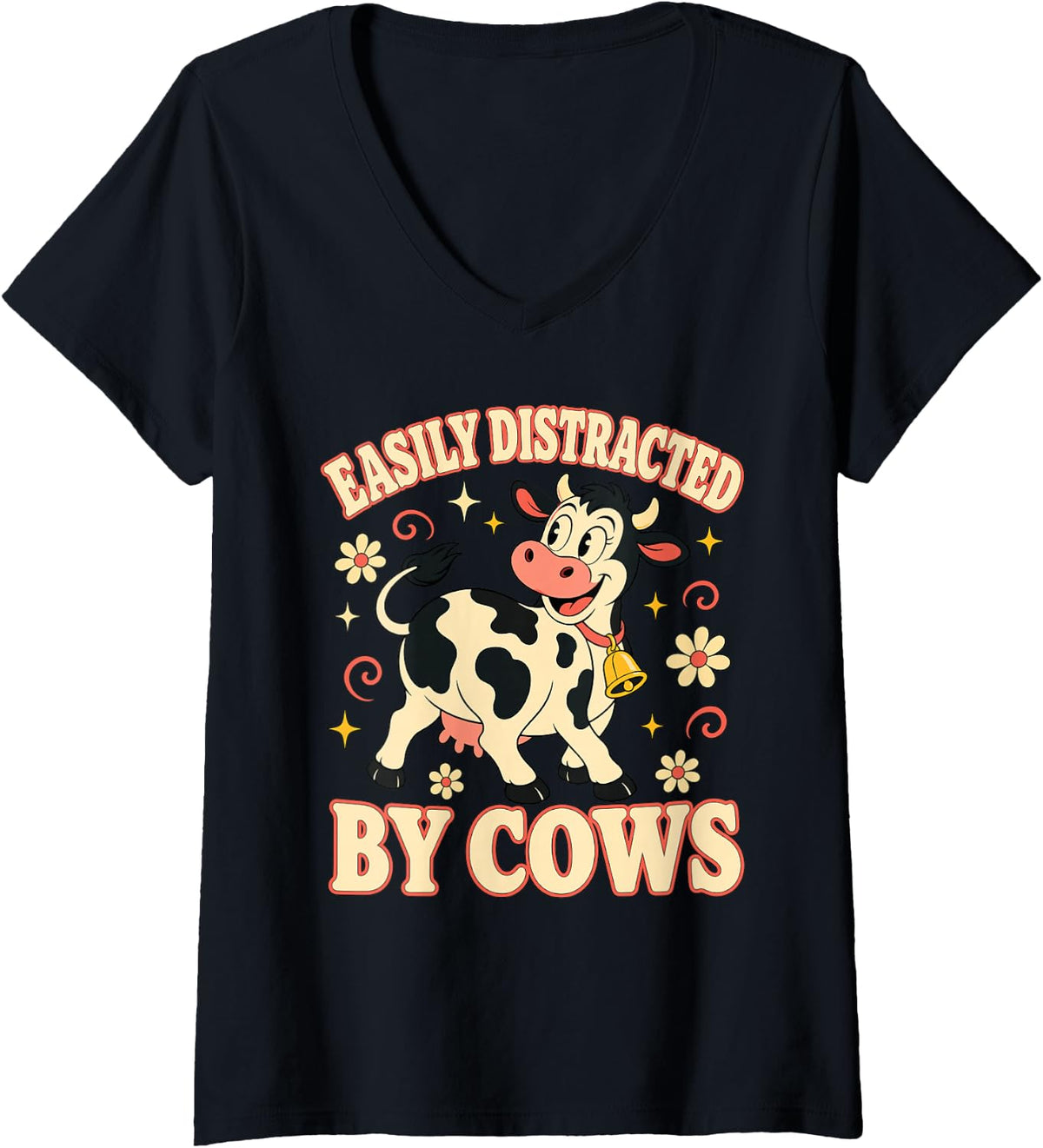 Women's Easily Distracted by Cows Cow Lover Farm V-Neck T-Shirt - Black
