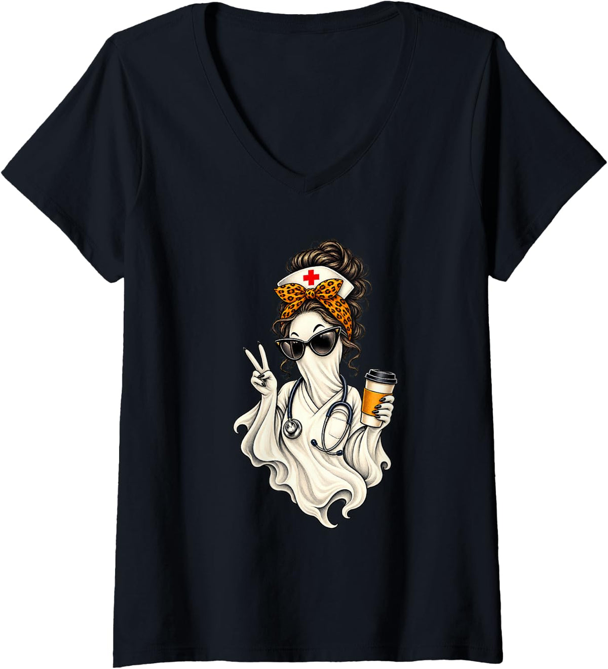 Women's Vintage Ghost Nurse Leopard Bow Coffee Lover Halloween V-Neck T-Shirt - Black