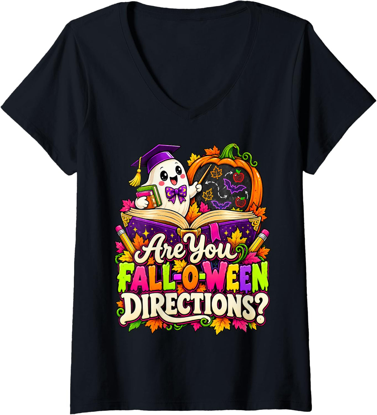 Women's Pumpkin Ghost Teacher - are You Fall-O-Ween Directions? V-Neck T-Shirt - Black