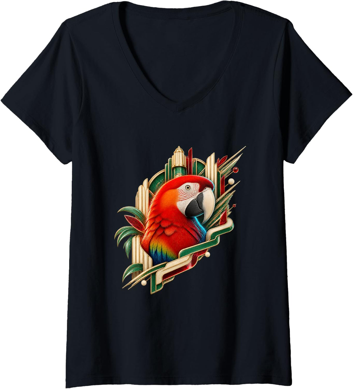 Women's Scarlet Macaw with Jade Deco Lines V-Neck T-Shirt - Black