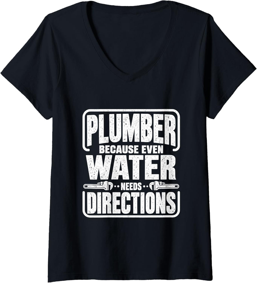 Women's Plumber Water Directions Humor Plumbing Contractor V-Neck T-Shirt - Black