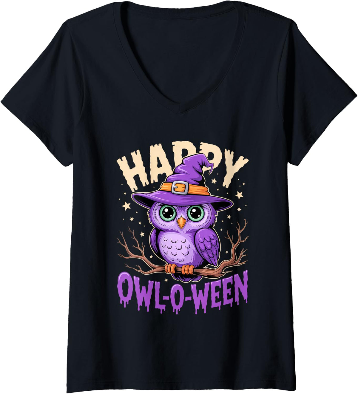 Women's Happy Owl O Ween Cute owl Halloween Outfit V-Neck T-Shirt - Black