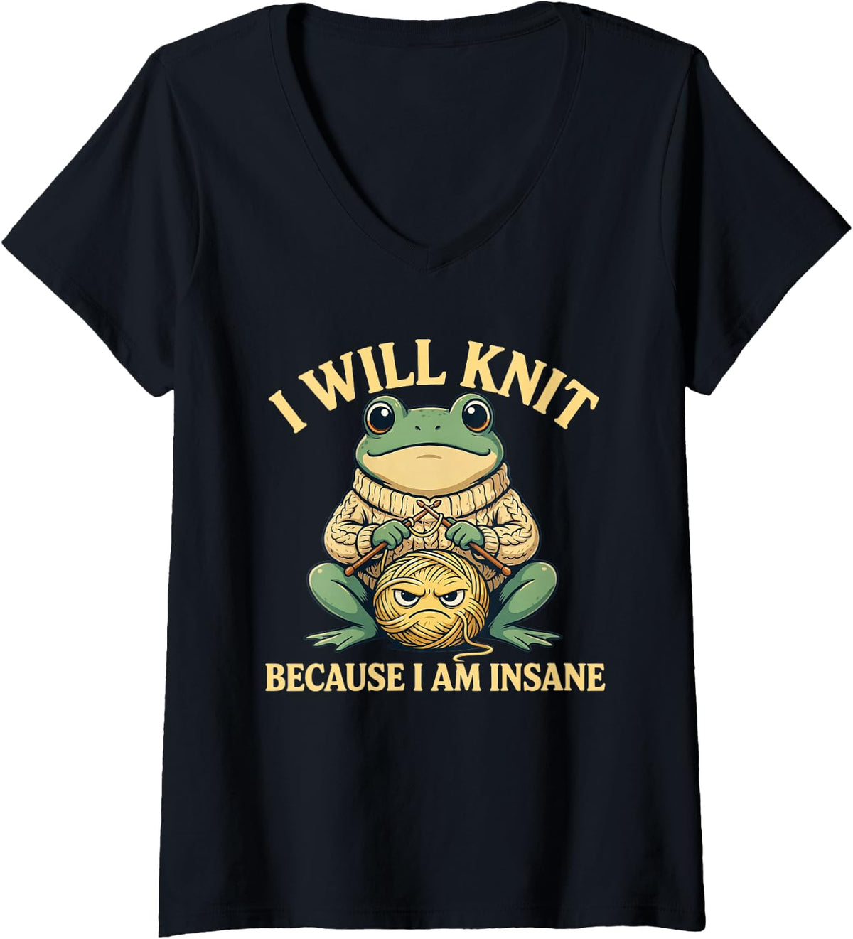Women's Knitting Knit Knitter Hand V-Neck T-Shirt - Black