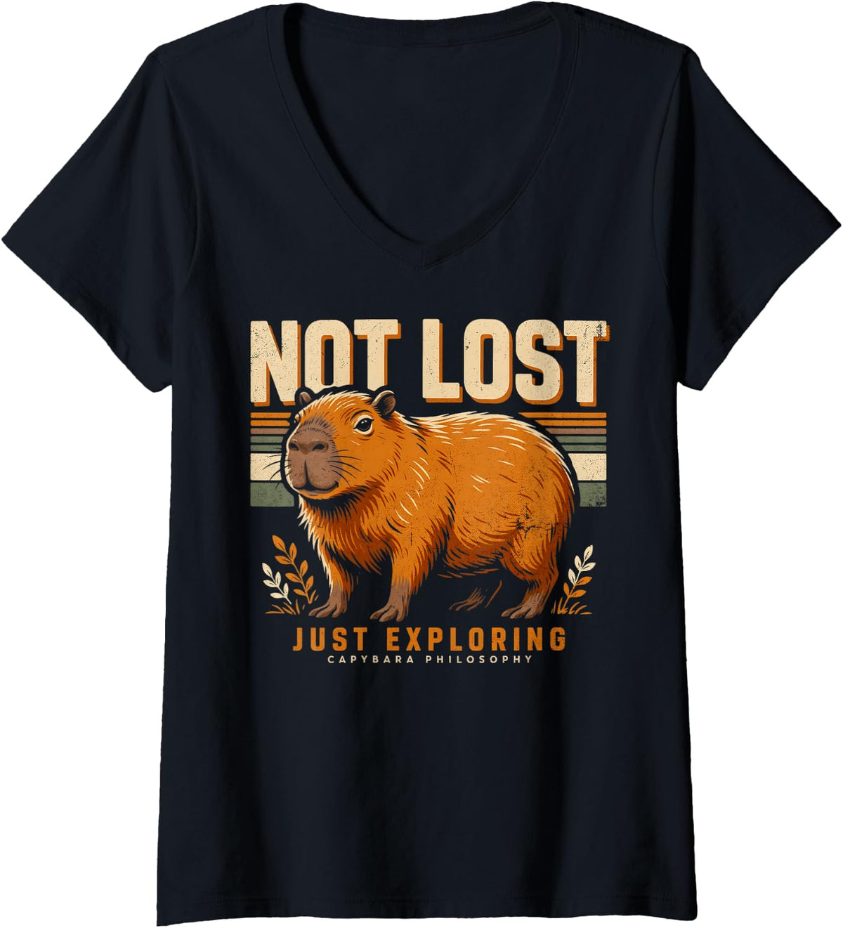Women's Not Lost Just Exploring Capybara Philosophy V-Neck T-Shirt - Black