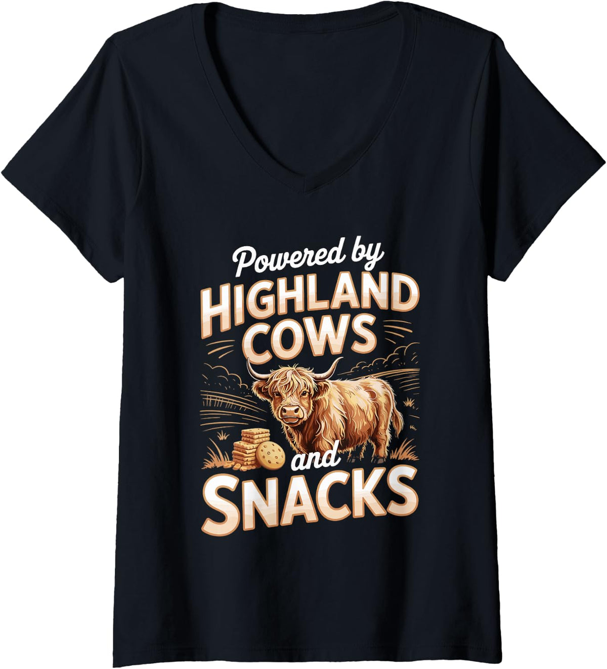 Women's Powered By Highland Cows and Snacks V-Neck T-Shirt - Black