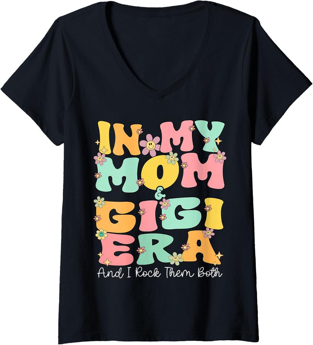 Women's in My Mom and Gigi Era Groovy Mom and Gigi Grandma Christmas V-Neck T-Shirt - Black