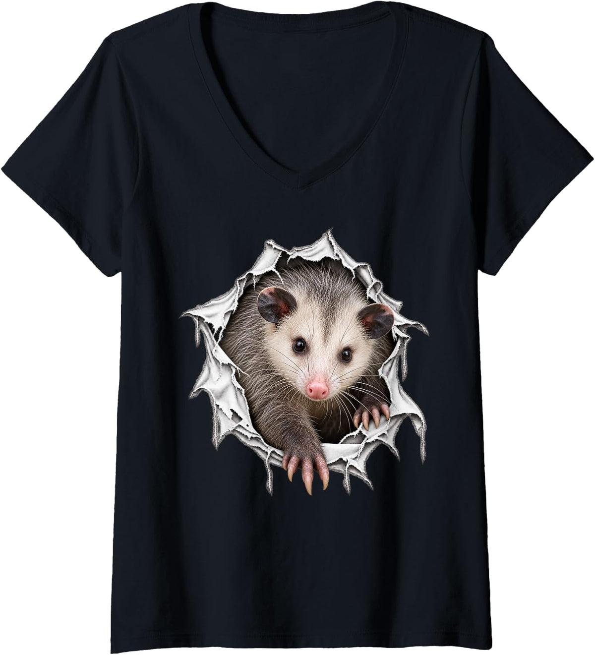 Women's Cute Opossum Stepping Out from Ripped Design V-Neck T-Shirt - Black