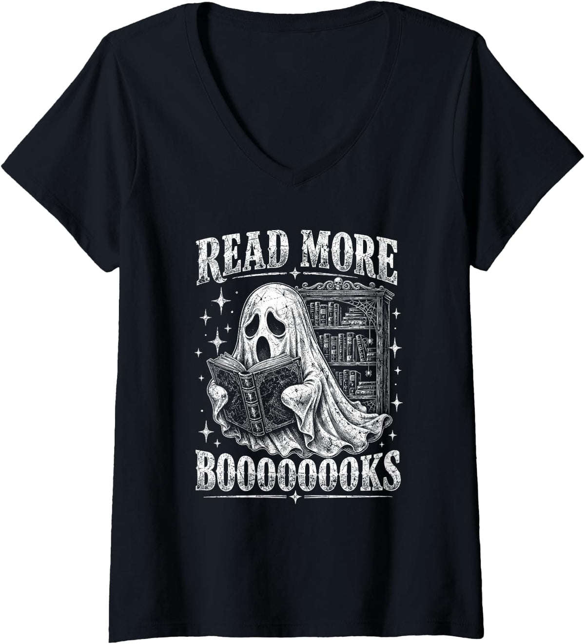 Women's Read More boooooks Cute Ghost Read More boooooks Halloween V-Neck T-Shirt - Black
