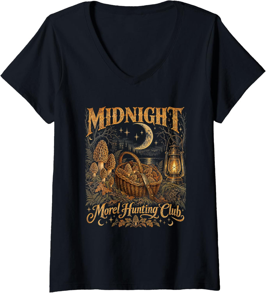 Women's Morel Mushroom Hunting Club Vintage Foraging Design V-Neck T-Shirt - Black