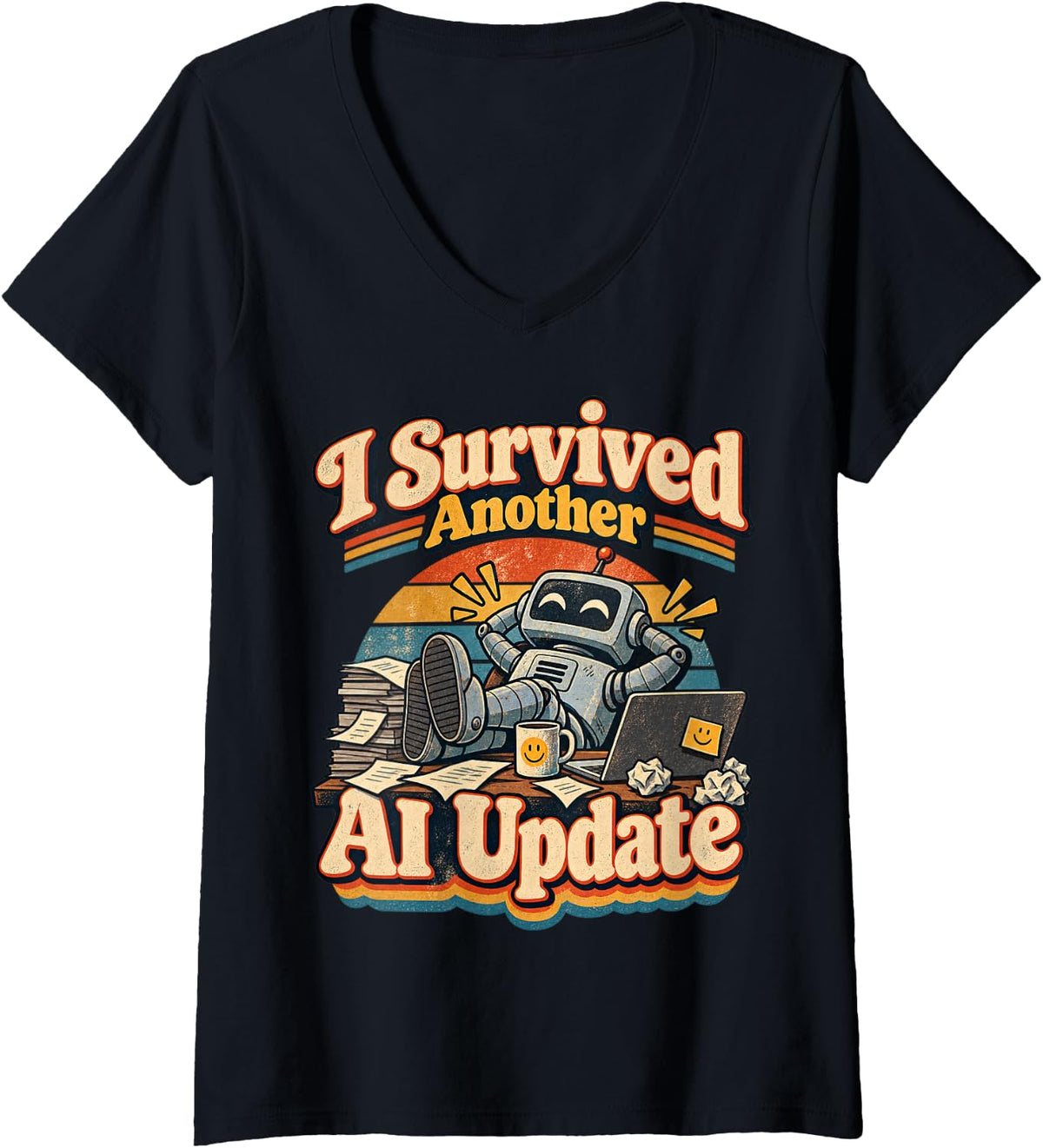 Women's I Survived Another AI Update Vintage Robot V-Neck T-Shirt - Black