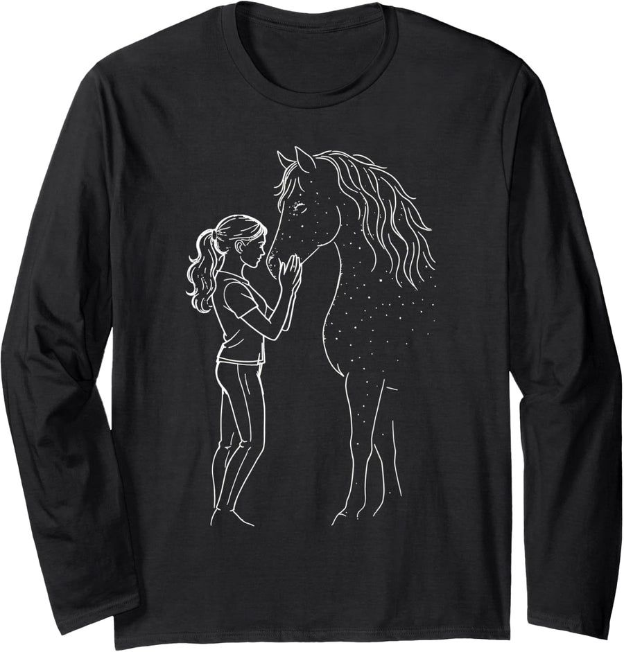 Girl and Horse Silhouette Starry Equestrian Love Long Sleeve T-Shirt - Adult Unisex Black