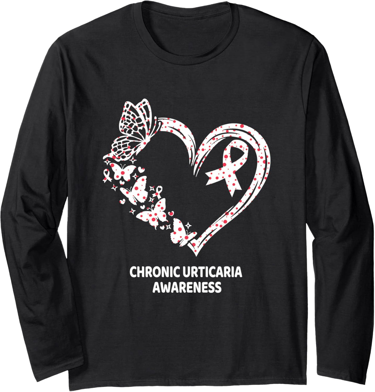 Chronic Urticaria Awareness Heart Butterfly Long Sleeve T-Shirt - Adult Unisex Black