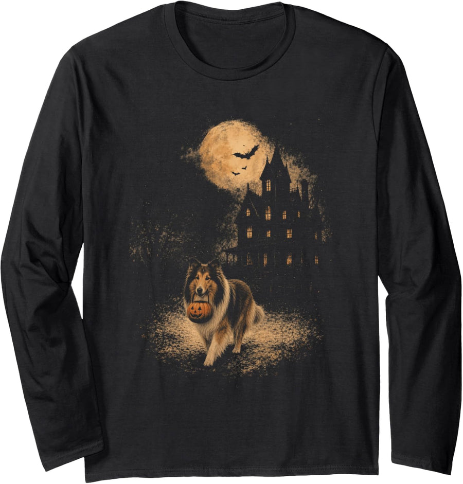 Vintage Collie Halloween Funny Dog Pumpkin Spooky Moon Long Sleeve T-Shirt - Adult Unisex Black