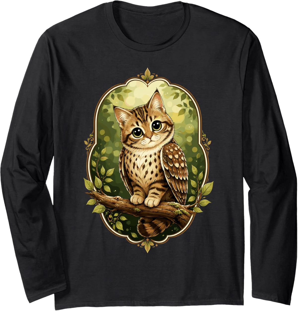 Owl Cat Hybrid Cute Owlcat Branch Design Long Sleeve T-Shirt - Adult Unisex Black