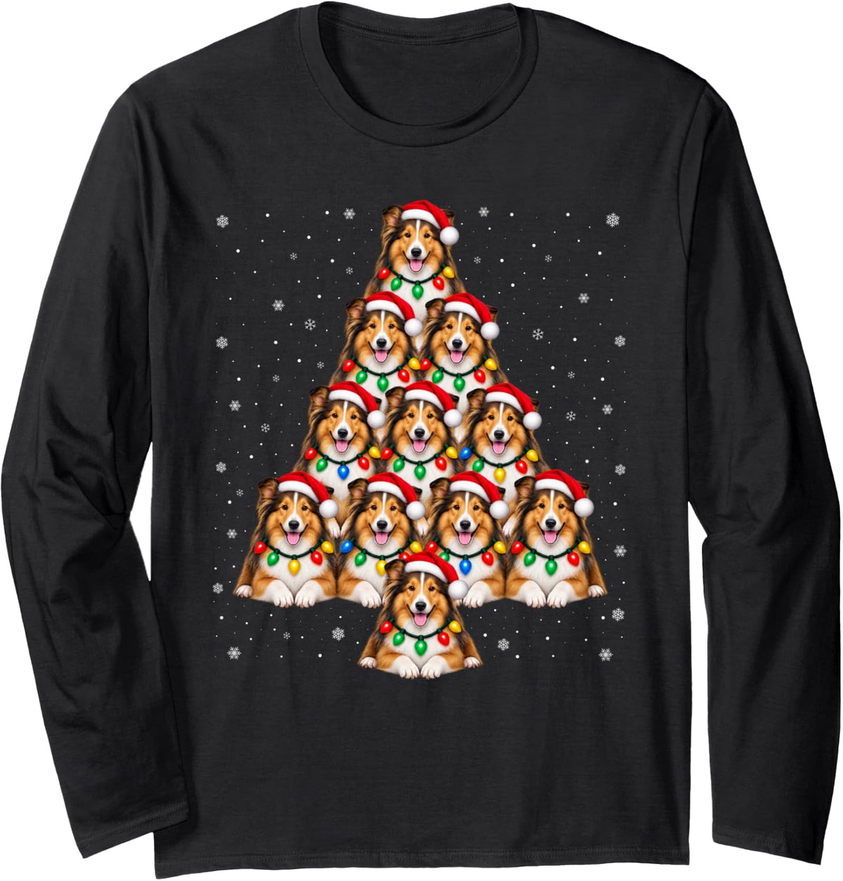 Rough Collie Christmas Tree Snowflake Santa Hat Xmas Dog Long Sleeve T-Shirt - Adult Unisex Black