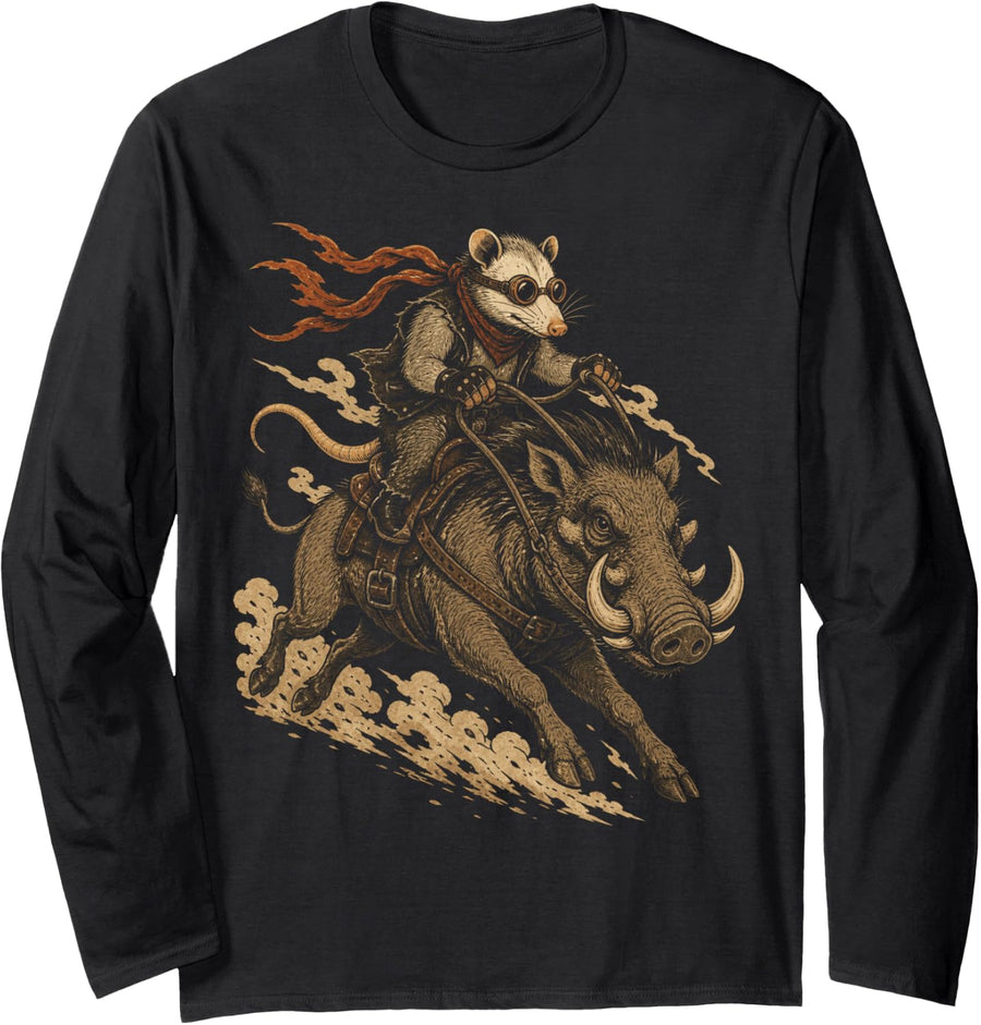 Opossum Biker Riding Warthog Fantasy Animal Rider Art Long Sleeve T-Shirt - Adult Unisex Black