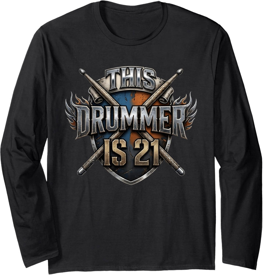 Drummer 21th Birthday Long Sleeve T-Shirt - Adult Unisex Black